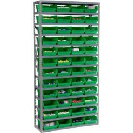 GLOBAL EQUIPMENT Steel Shelving with 48 4"H Plastic Shelf Bins Green, 36x12x72-13 Shelves 603439GN